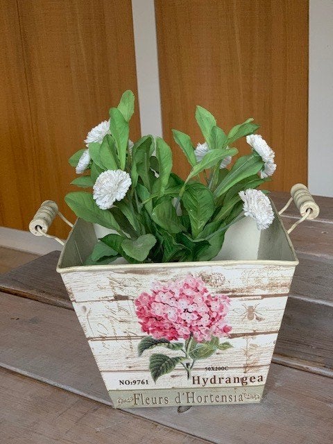 Brocante bloempot blik / mand hortensia / hydrangea., Ophalen, Vierkant, Zo goed als nieuw, Balkon