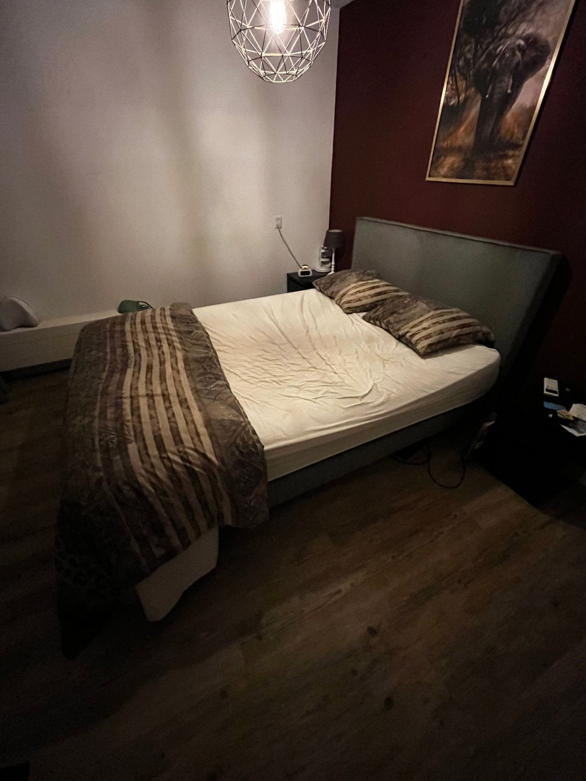 Boxspring, grijs, stof bekleed 160x220cm, Ophalen, Gebruikt, Tweepersoons, 160 cm
