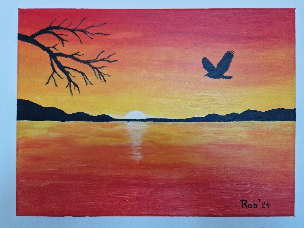 Schilderij Zonsondergang met Vliegende Vogel, Antiek en Kunst, Kunst | Schilderijen | Abstract, Ophalen