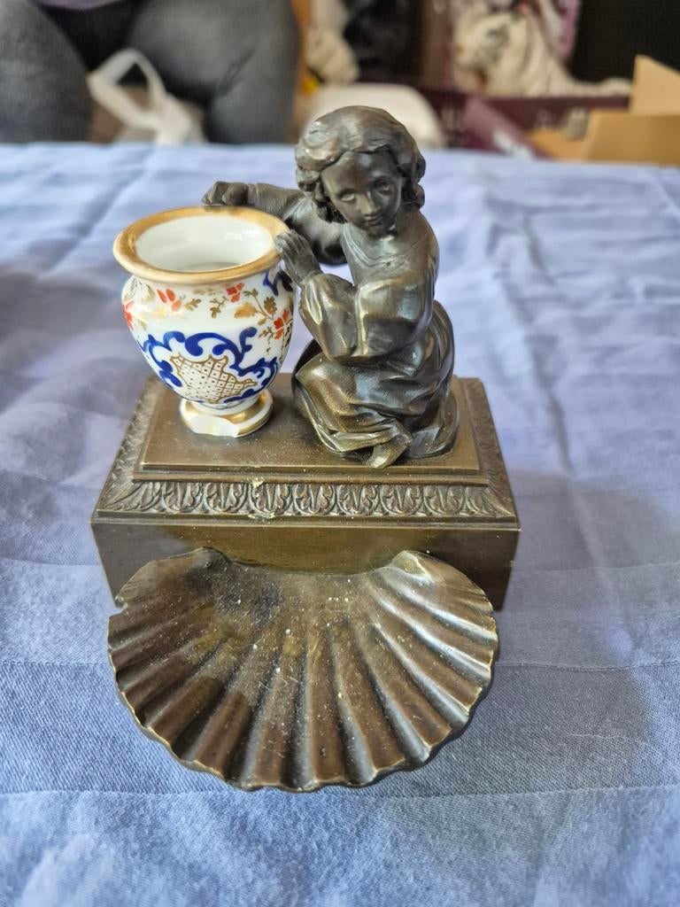 Antieke bronzen inktpot met cherubijn en schelp, Ophalen of Verzenden