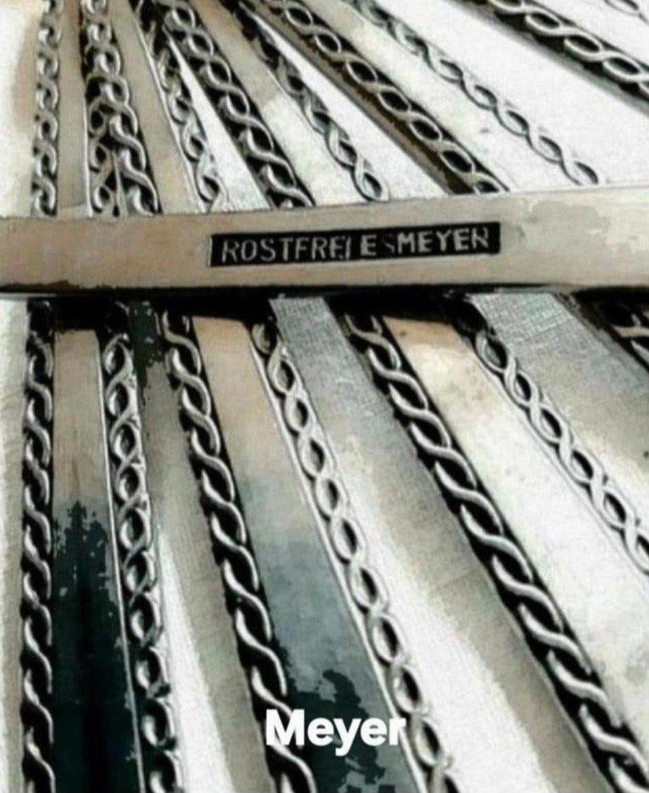 Meyer relief bewerkte Duitse boter messen vismessen, Ophalen of Verzenden