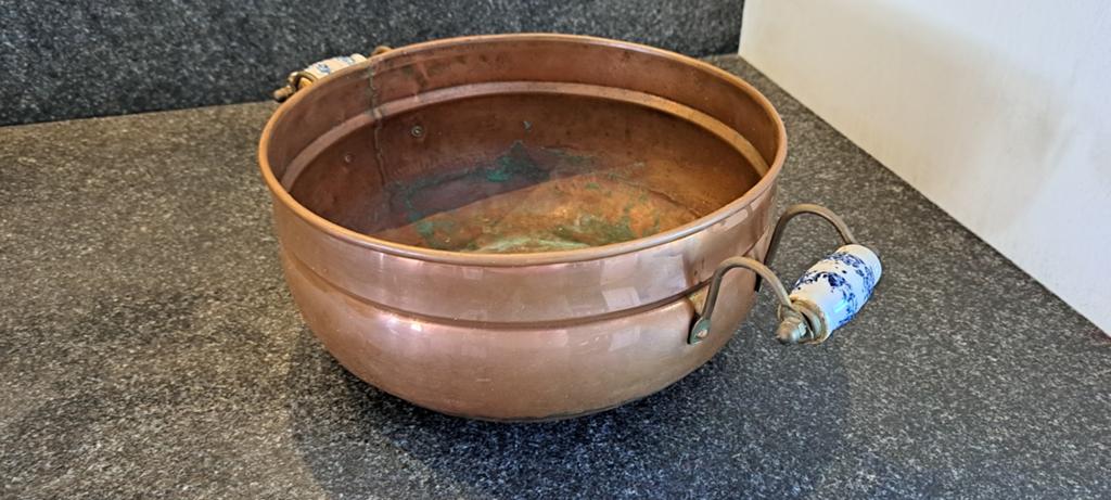 Antieke Koperen Pot met Delfts Blauwe Handvatten, Antiek en Kunst, Antiek | Koper en Brons, Ophalen of Verzenden, Koper