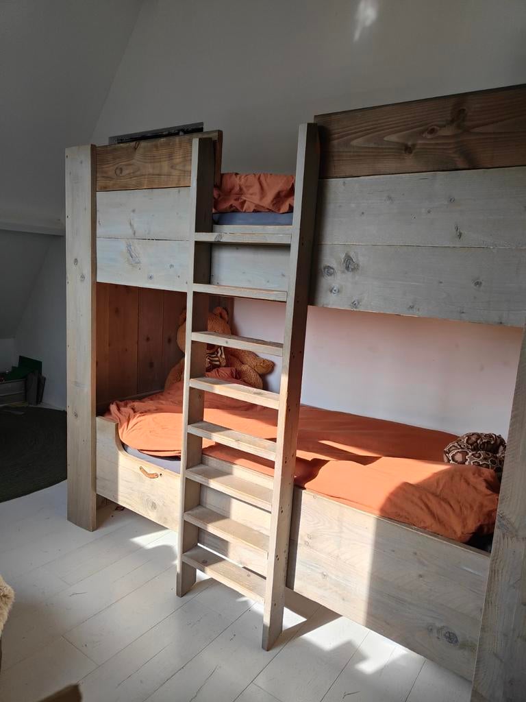 Stapelbed van steigerhout met stevige trap, Ophalen, Gebruikt, 90 cm, Tweepersoons