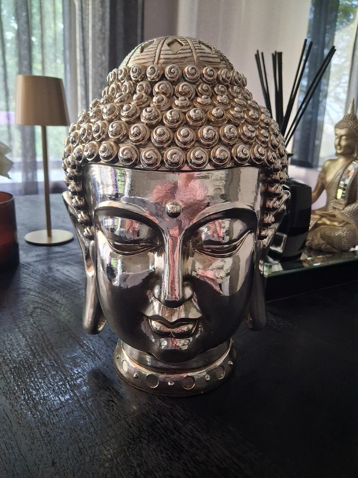 Boeddha hoofd zilverkleurig decoratie, Ophalen, Zilver, Overige materialen, 30 cm