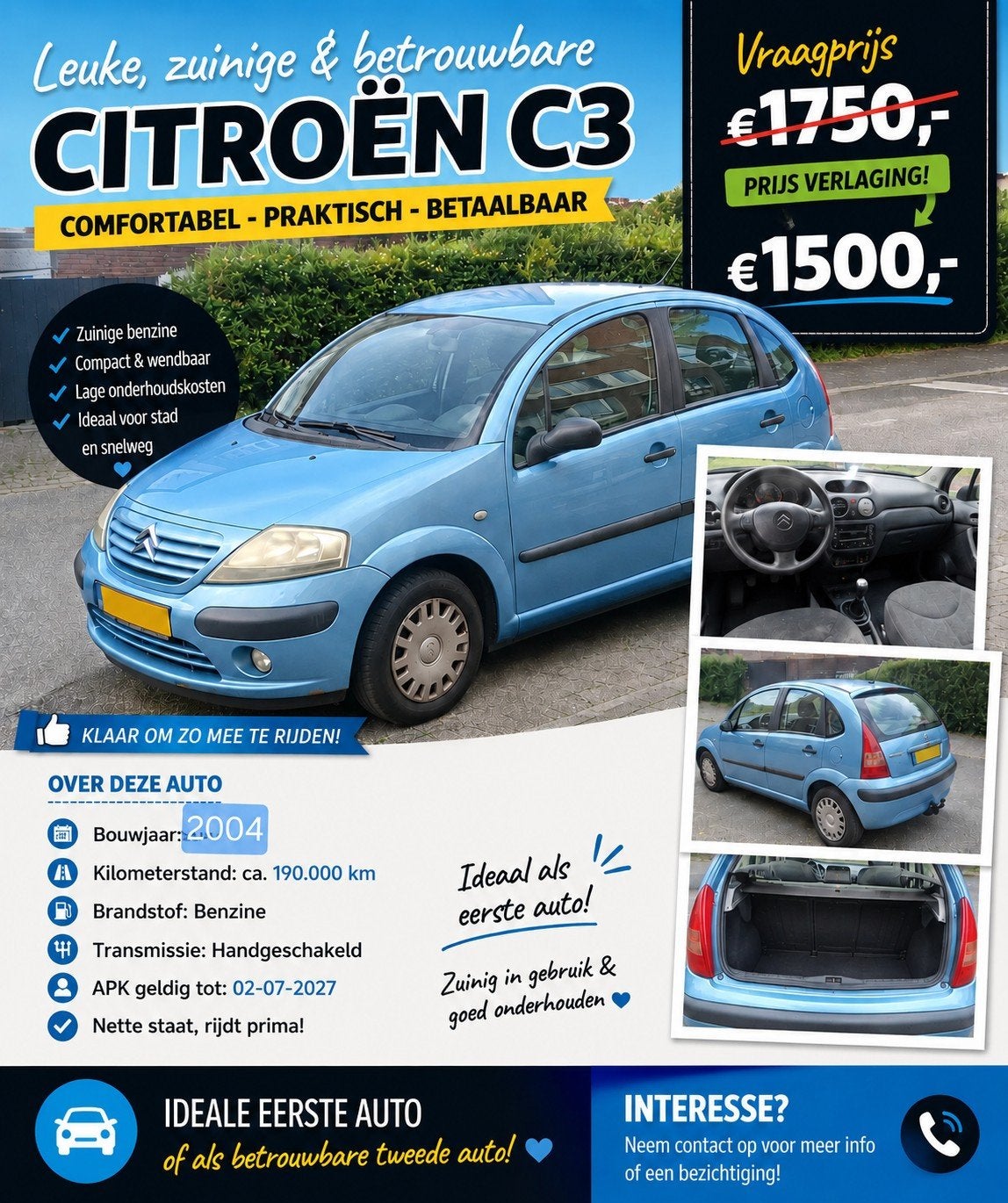 Citroën C3 1.4 I 2004 Blauw, Auto's, Voorwielaandrijving, Stof, Blauw, Origineel Nederlands
