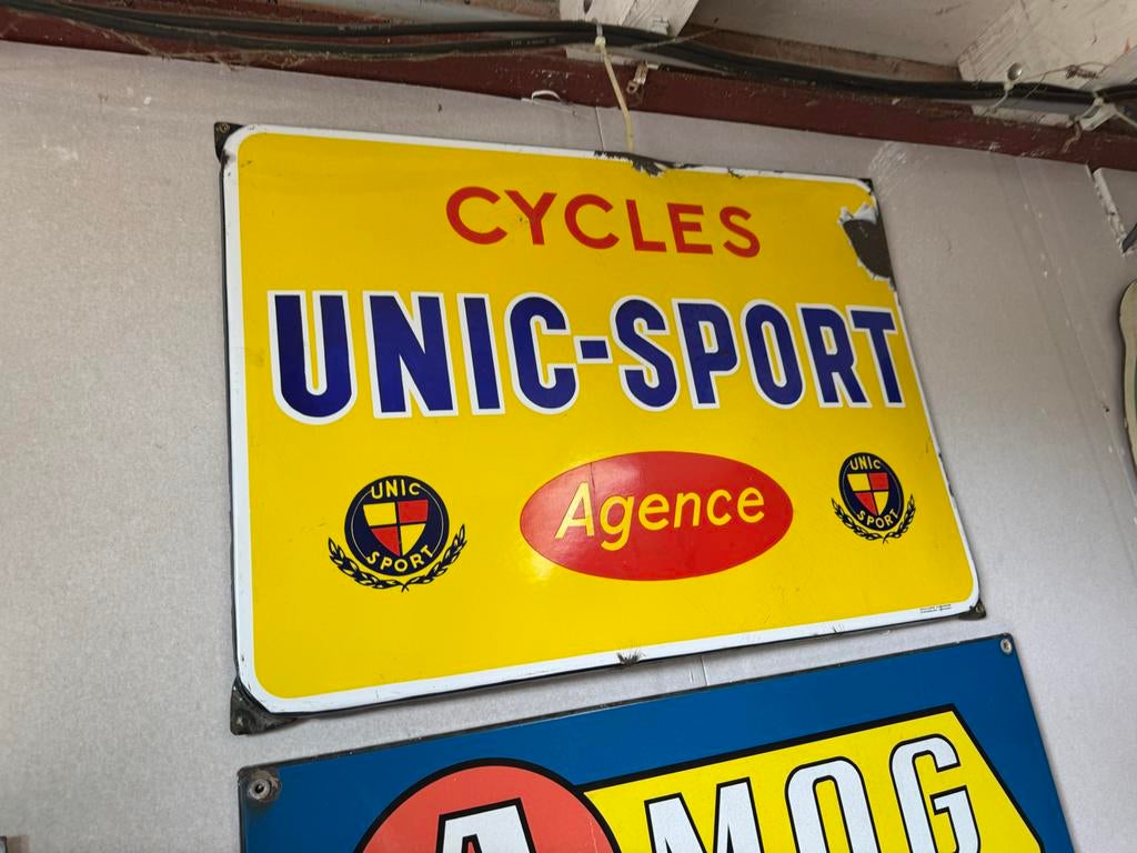Vintage Emaille Bord Cycles Unic-Sport Agence, Reclamebord, Gebruikt, ., Ophalen of Verzenden