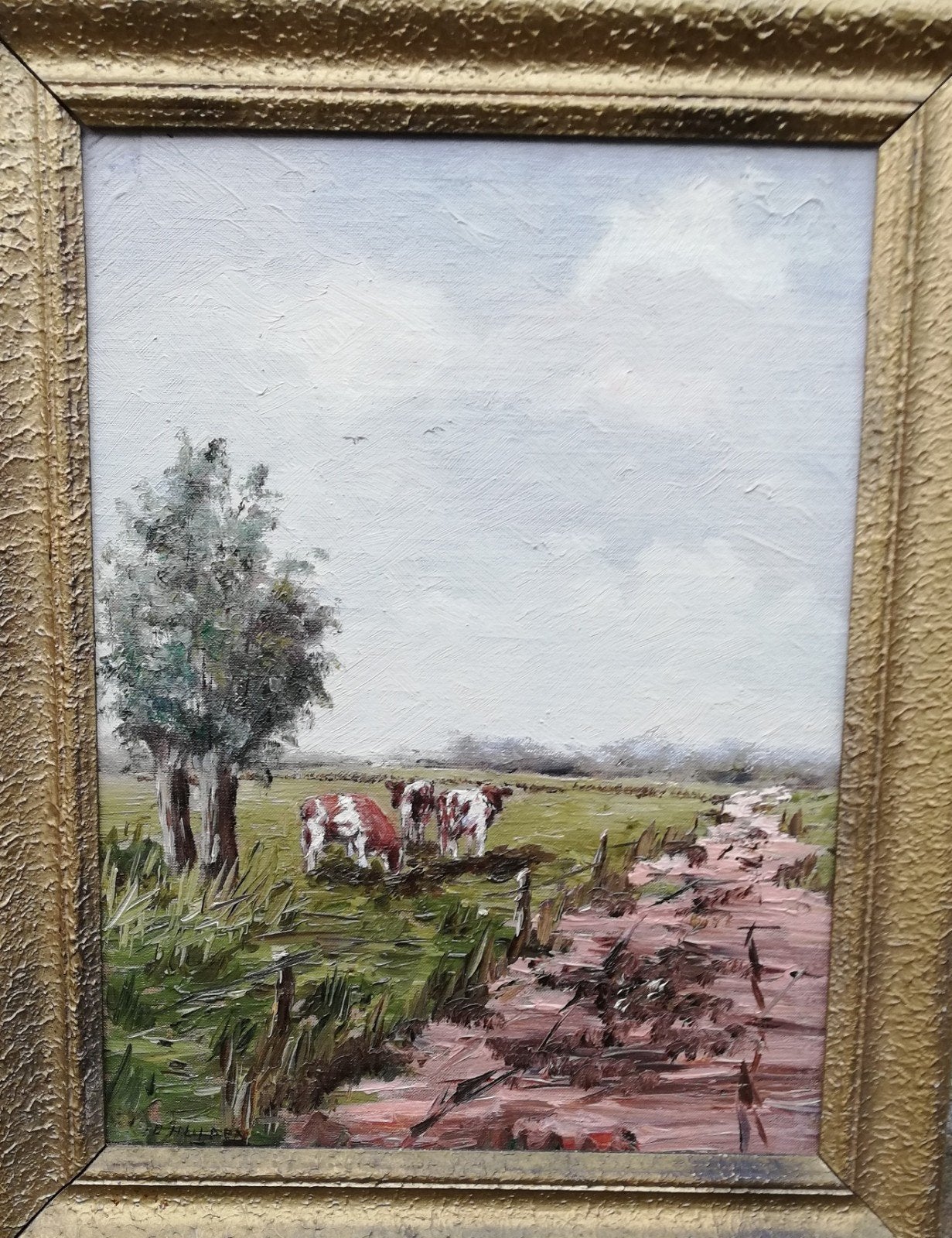 Grazende koeien. Impressionistich. Marouflage. 38/48 cm., Ophalen, Minder dan 50 cm, Oorspronkelijke maker, Zo goed als nieuw