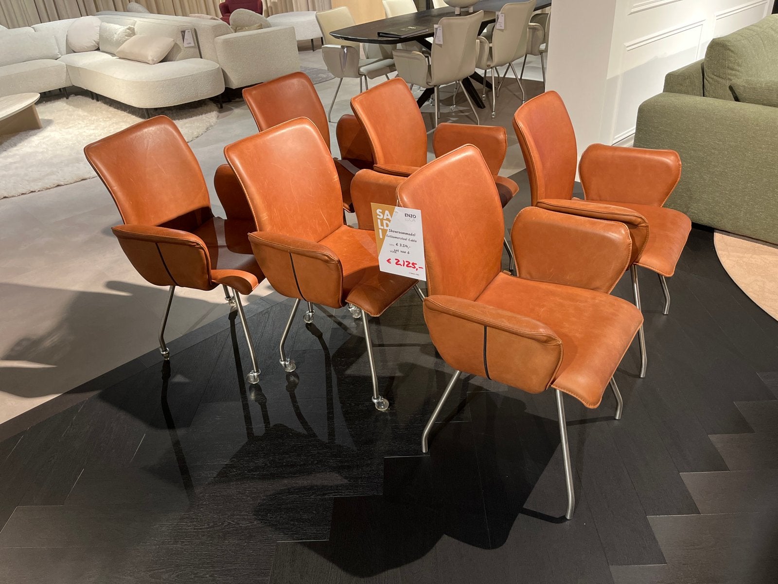 Set van 6 Enzo Luca eetkamerstoelen, cognac geschuurd leer, Huis en Inrichting, Stoelen, Ophalen, Bruin, Leer, Zo goed als nieuw