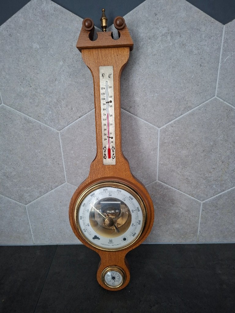 Antieke Barometer met Thermometer - Hout en Messing, Ophalen, Gebruikt, Barometer
