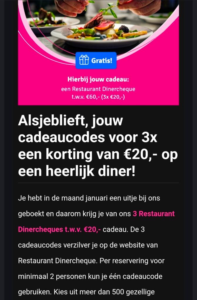 Restaurant dinercheque 3x €20 alle 3 samen €20, Tickets en Kaartjes, Eén persoon, Kortingsbon