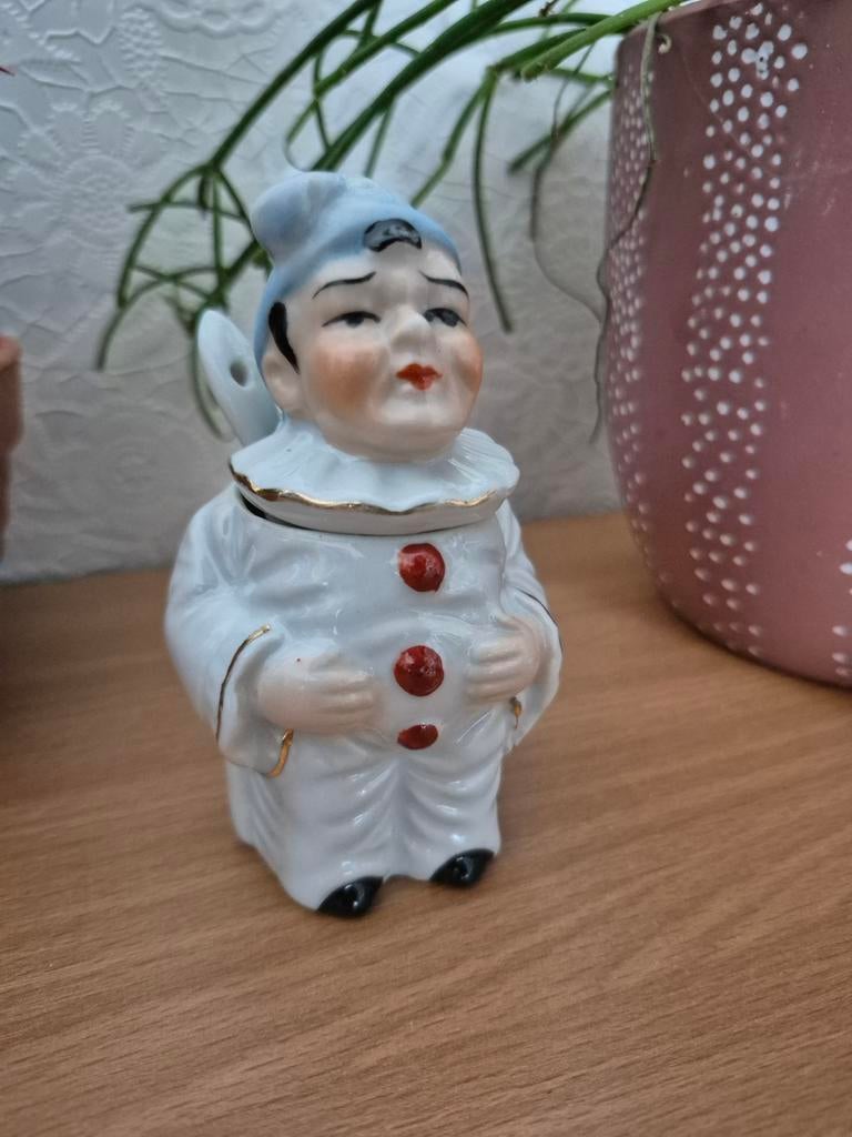 Art deco porselein mosterdpotje clown pierrot, Antiek en Kunst, Ophalen of Verzenden