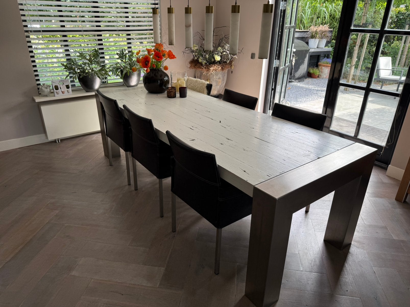 Robuuste industriële tafel – RVS & wagondelen, Ophalen, Overige materialen, Gebruikt, 200 cm of meer