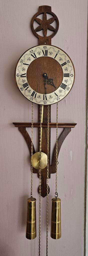 Vintage Klok, koper met hout, Ophalen of Verzenden, Wandklok
