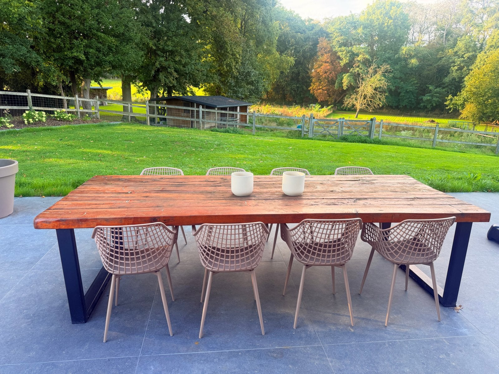 Houten tuintafel met stalen U-poten (320x120 cm), Ophalen, Gebruikt, Rechthoekig, Hout
