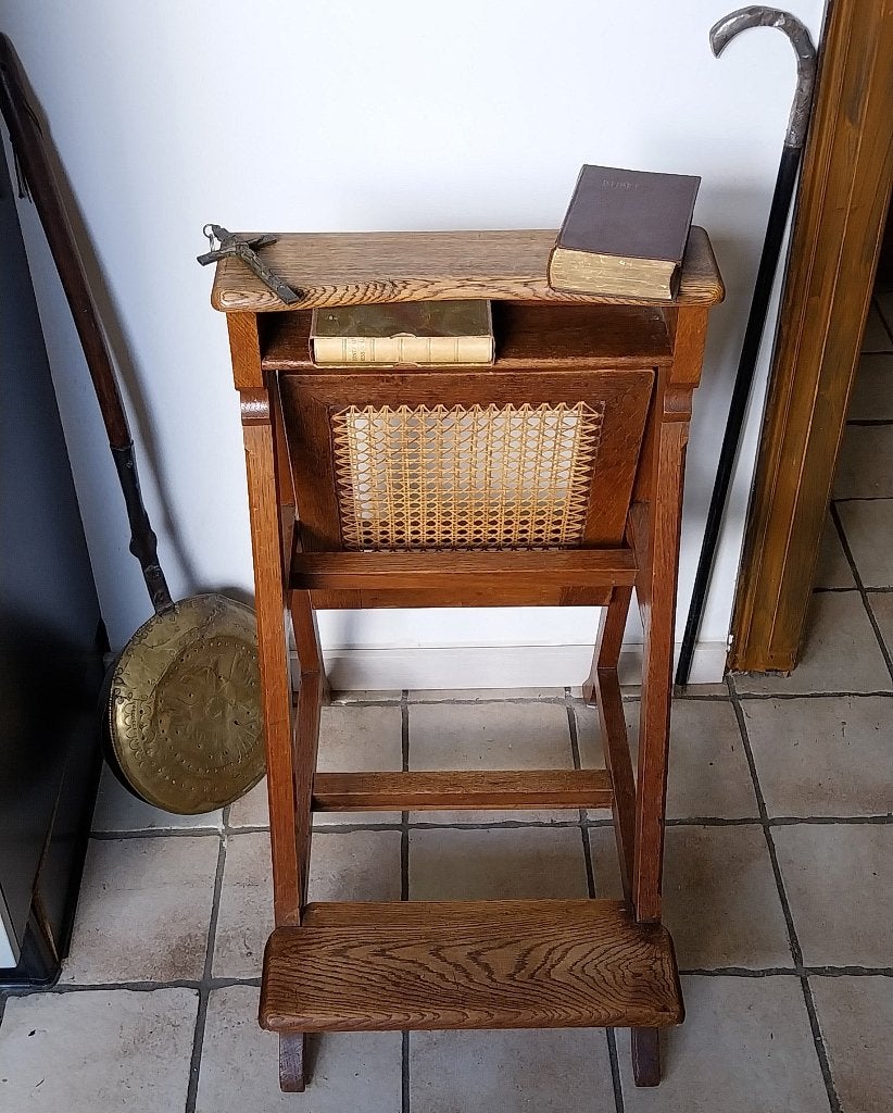 Antiek eikenhouten bidstoel, biechtstoel met webbing zitting, Antiek en Kunst, Ophalen