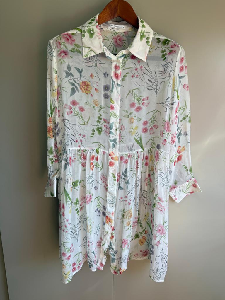 Kjær København Bloemenprint blouse maat L XL - zgan, Ophalen of Verzenden, Zo goed als nieuw, Maat 42/44 (L), Wit