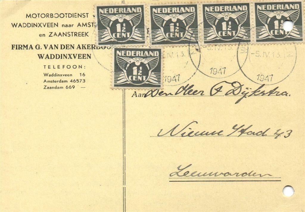 Firma G. van den Akerboom, Waddinxveen - 04.1947 - briefkaar, Ophalen of Verzenden, Briefkaart