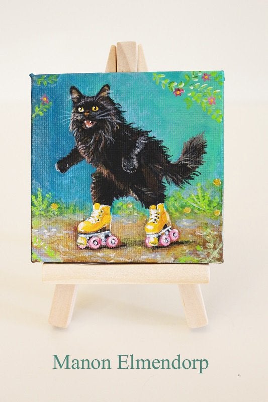Uniek Handgeschilderd Schilderijtje Rolschaatsende Kat, Acrylverf, Ophalen of Verzenden, Dieren, Overige materialen