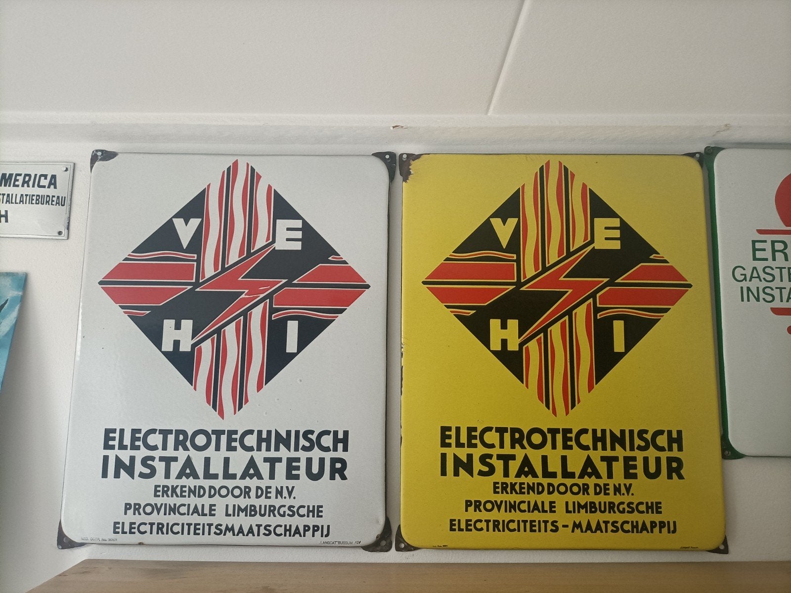 Emaille borden Elektrotechnisch Installateur Limburg (set), Ophalen of Verzenden, Gebruikt, Reclamebord