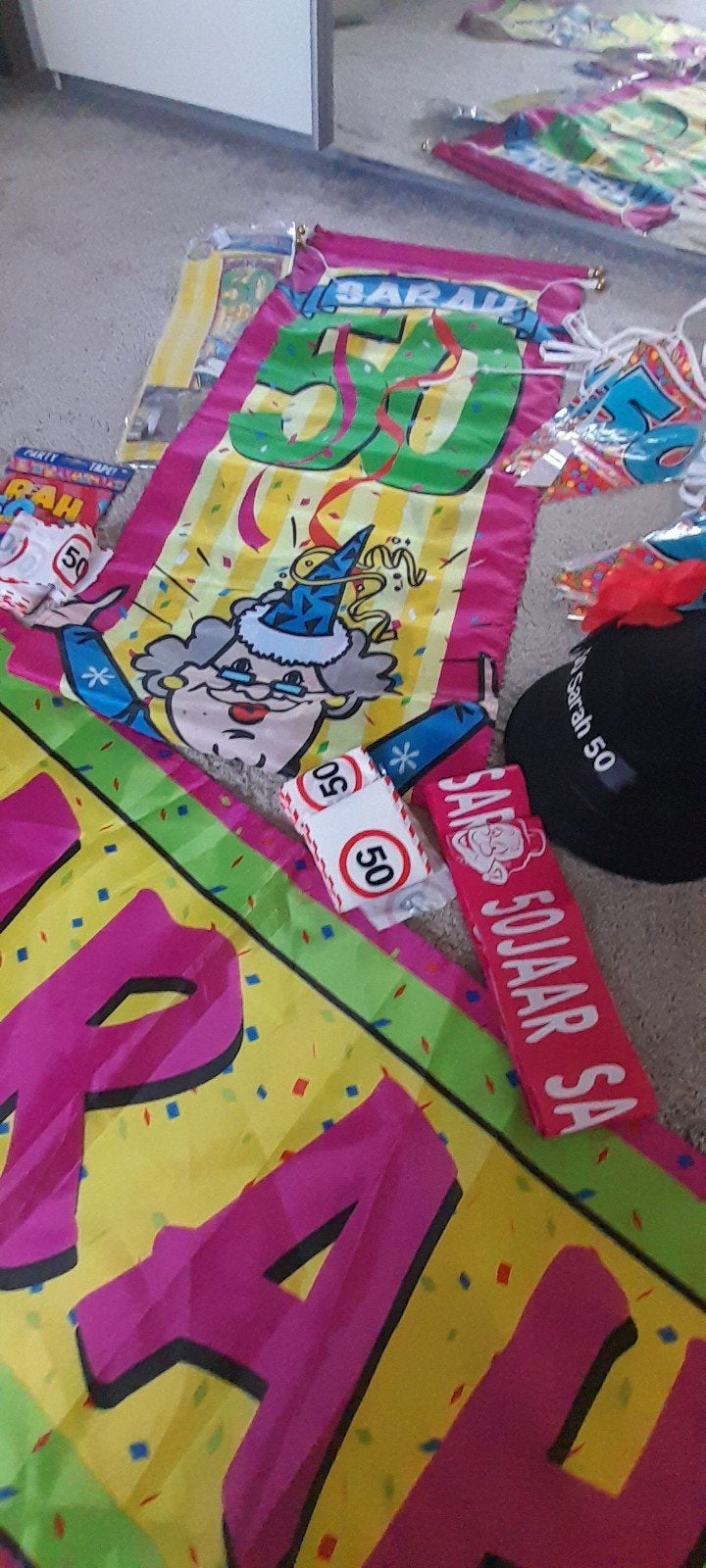 Sarah 50 jaar feestversiering pakket, Hobby en Vrije tijd, Ophalen of Verzenden, Zo goed als nieuw, Versiering, Abraham of Sarah