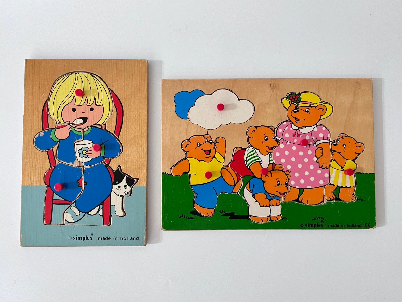 Set van 2 vintage Simplex houten noppenpuzzel, Ophalen of Verzenden, Minder dan 10 stukjes, Gebruikt, Van hout