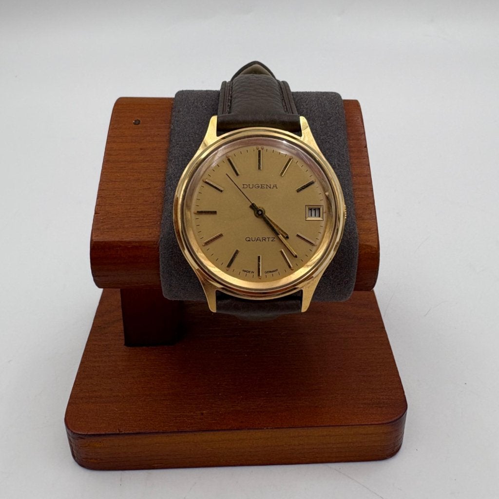 Dugena vintage horloge goudkleur lederen band, Flex Ltd., Zo goed als nieuw, https://flex.com/contact-us, Nobelstraat 10, 5807 GA Oostrum LB, Limburg, Nederland