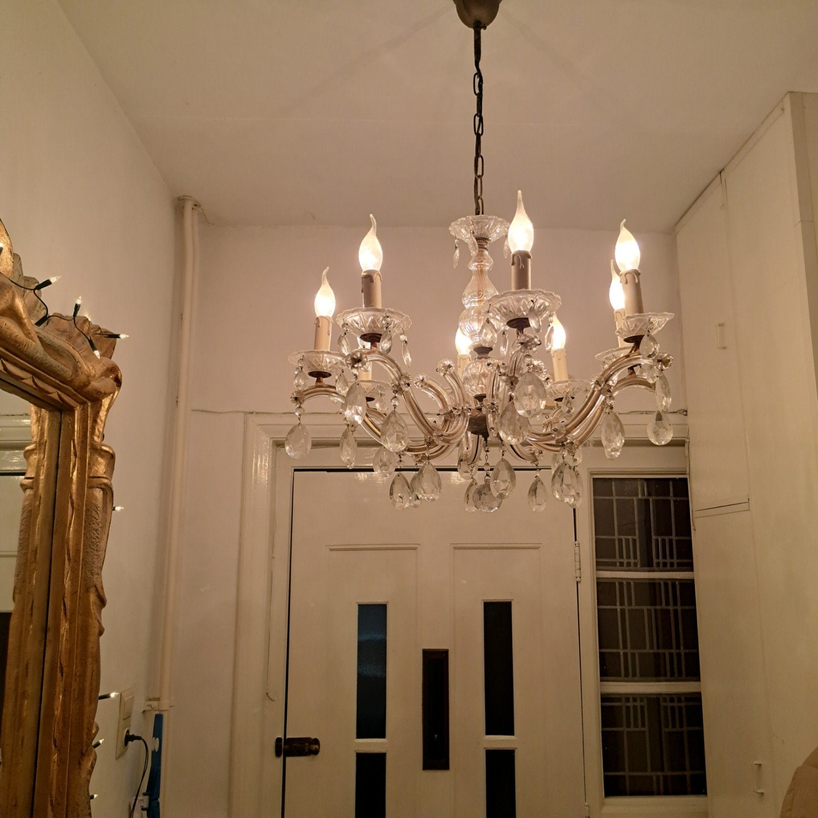 Schitterende kroonluchter 8-arms (Dordrecht), E14 (klein), Ophalen of Verzenden, Vintage brocante, Glas