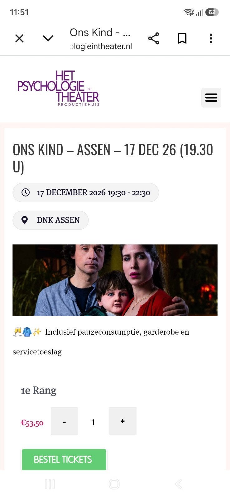 Tickets Psychologie in Theater "Ons Kind", Twee personen, December