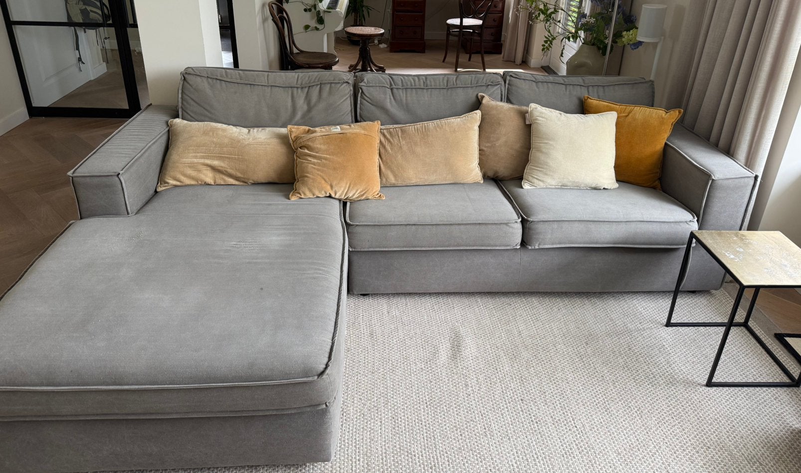 Mooie grijze hoekbank met chaise longue - gratis op te halen, Ophalen, Gebruikt, Stof