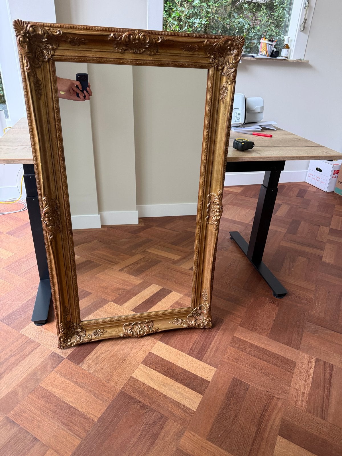 Grote gouden spiegel met barok lijst, Ophalen, Rechthoekig, 50 tot 100 cm, 150 tot 200 cm