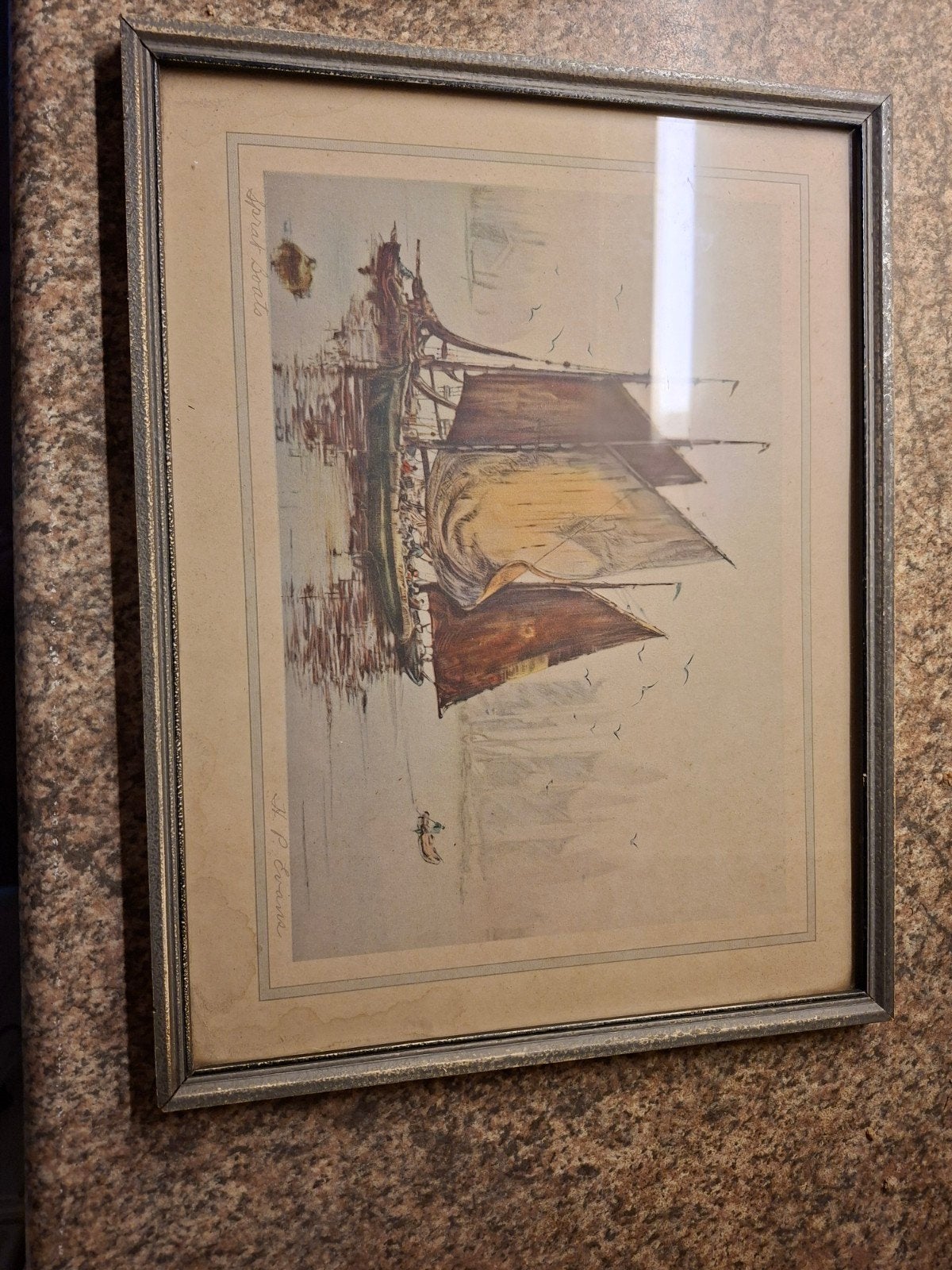 Sprat bob ets, nautisch tafereel, afmeting 31x24 cm, Antiek en Kunst, Ets, Landschap, 1900 - 1949, Ingelijst