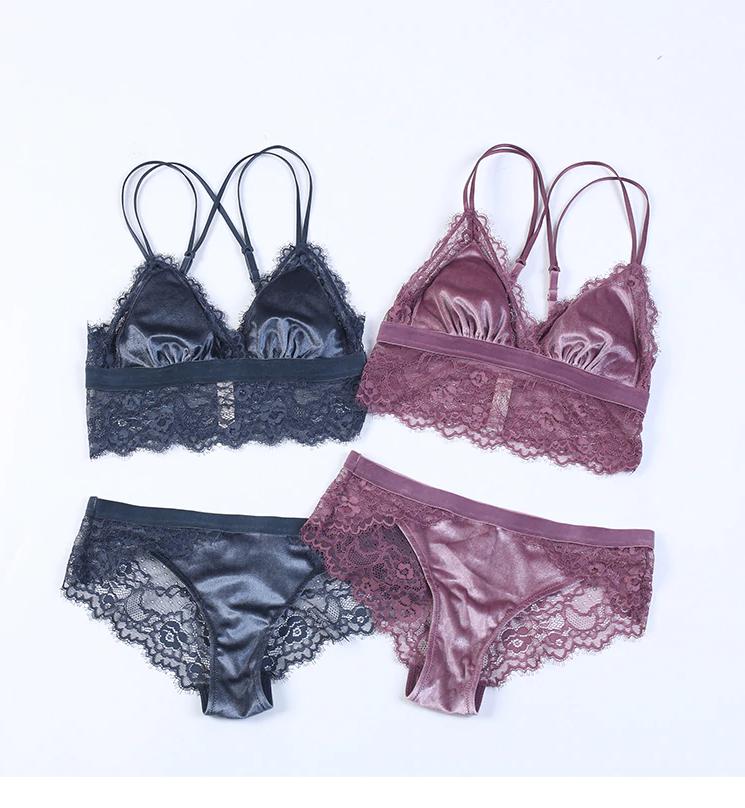 Blauwe paarse fluwelen BH en slip sexy lingerie setje kanten, Verzenden, Overige kleuren, Setje