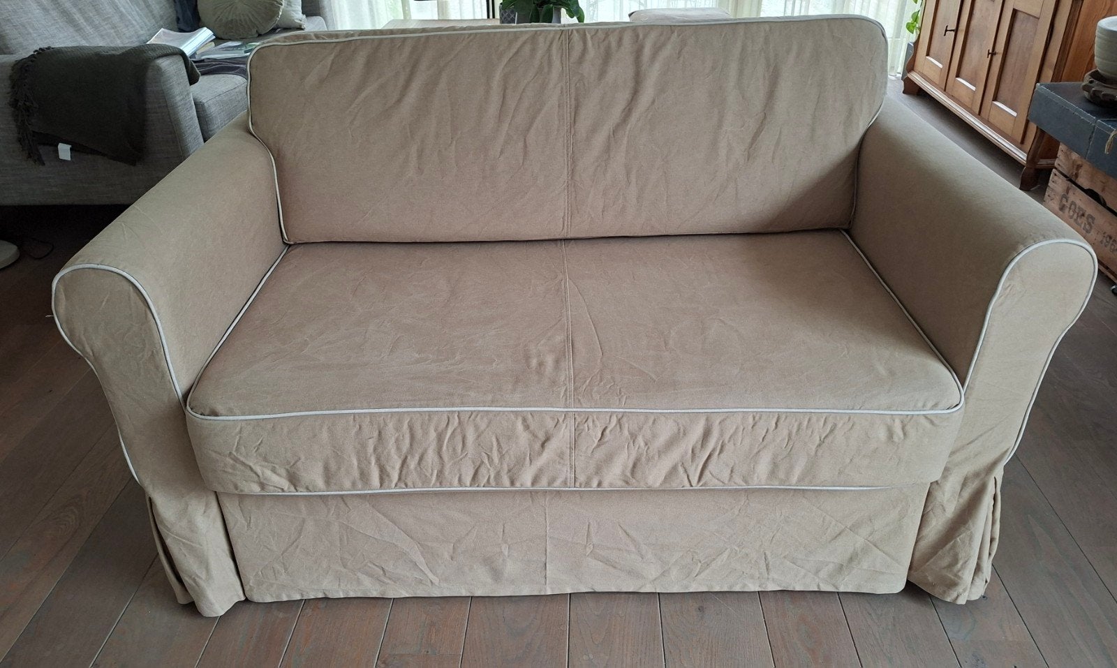 IKEA slaapbank met matras en lattenbodem met beige hoes, Ophalen, Gebruikt, Beige, Tweepersoons