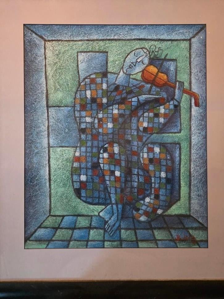Abstract Kunstwerk: Mozaïek Figuur met Viool, Ophalen of Verzenden