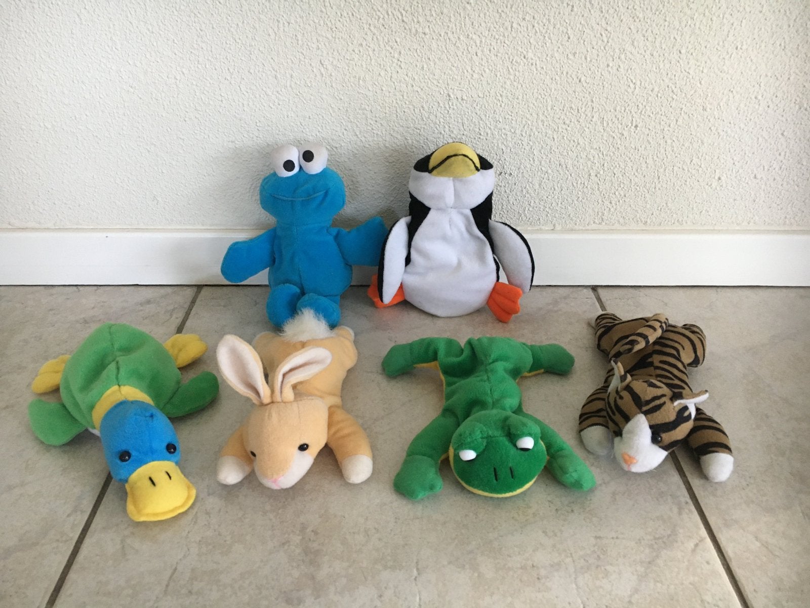 Tyco dieren  knuffels Piguin Pino Kikker Tijger Eend Konijn, Overige merken, Overige typen, Ophalen of Verzenden, Klein (minder dan 20 cm)