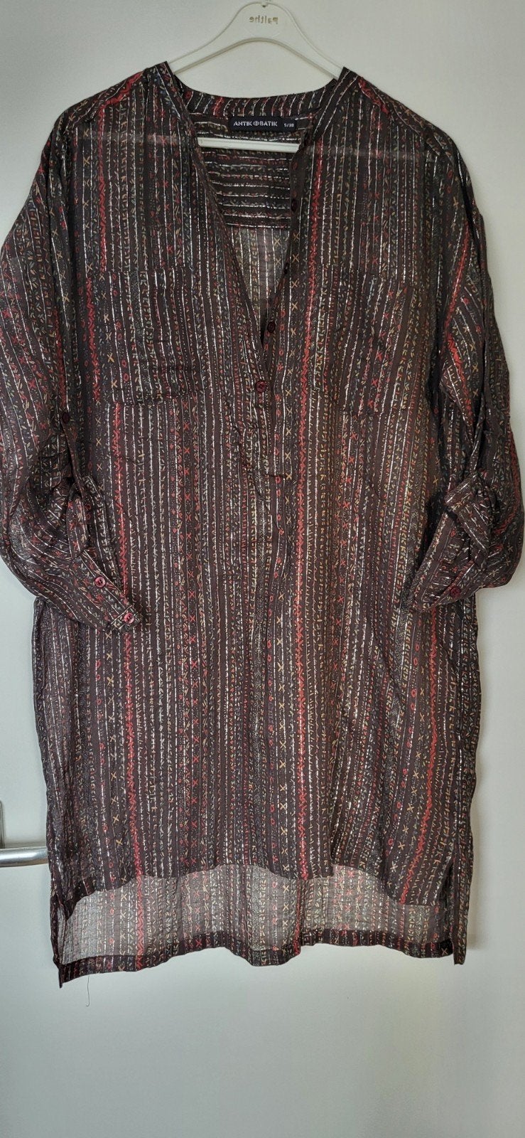 Antik Batik Tuniek Blouse S/38 - Donkerbruin met print, Maat 38/40 (M), Bruin, Ophalen of Verzenden, Lange mouw