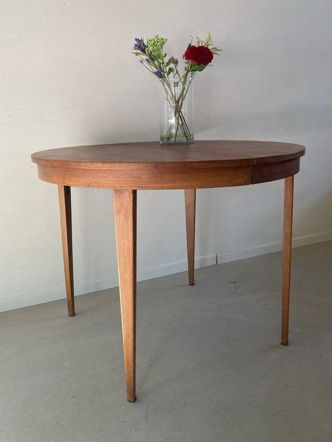 Midcentury vintage teak eettafel uitschuifbaar, Ophalen, Rond, Vijf personen of meer, X