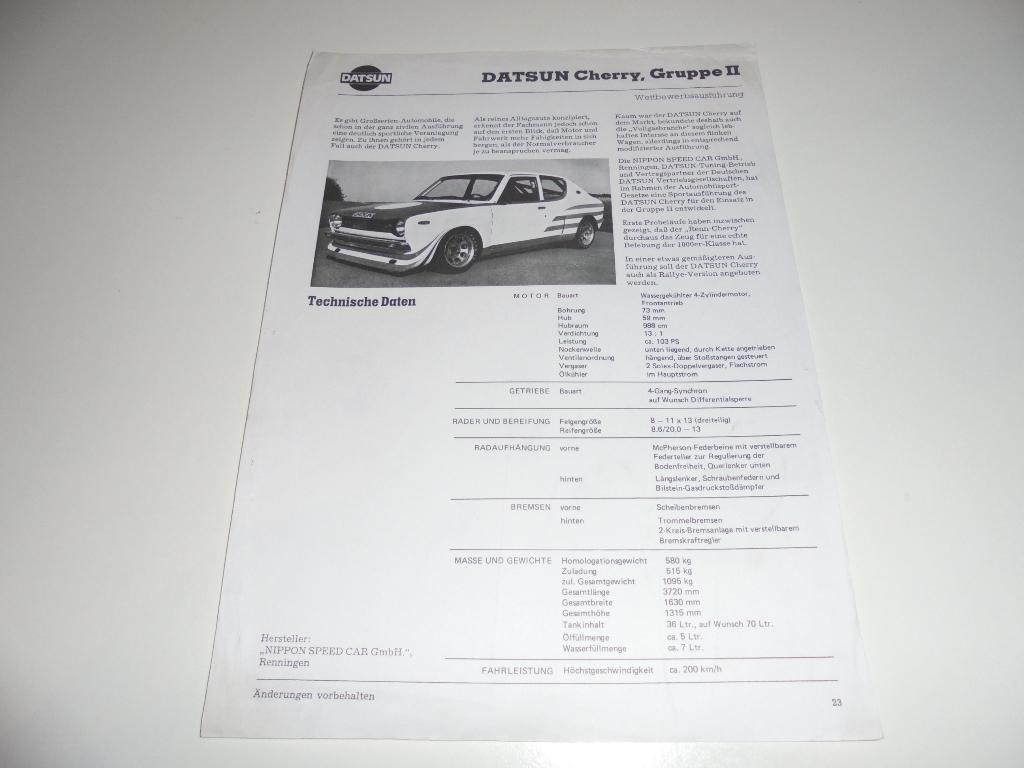 leaflet Datsun Cherry Gruppe 2, Boeken, Auto's | Folders en Tijdschriften, Ophalen of Verzenden, Gelezen, Overige merken