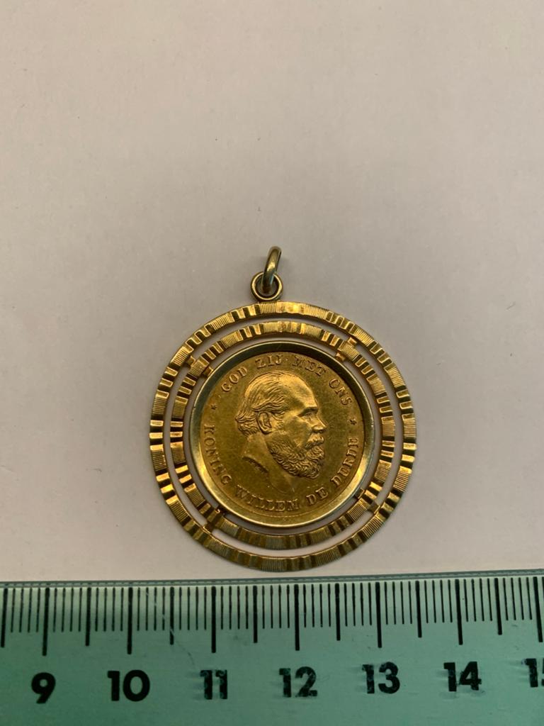 Gouden tientje koning Willem III 1875, Sieraden, Tassen en Uiterlijk, Antieke sieraden, Ophalen, Goud, Hanger
