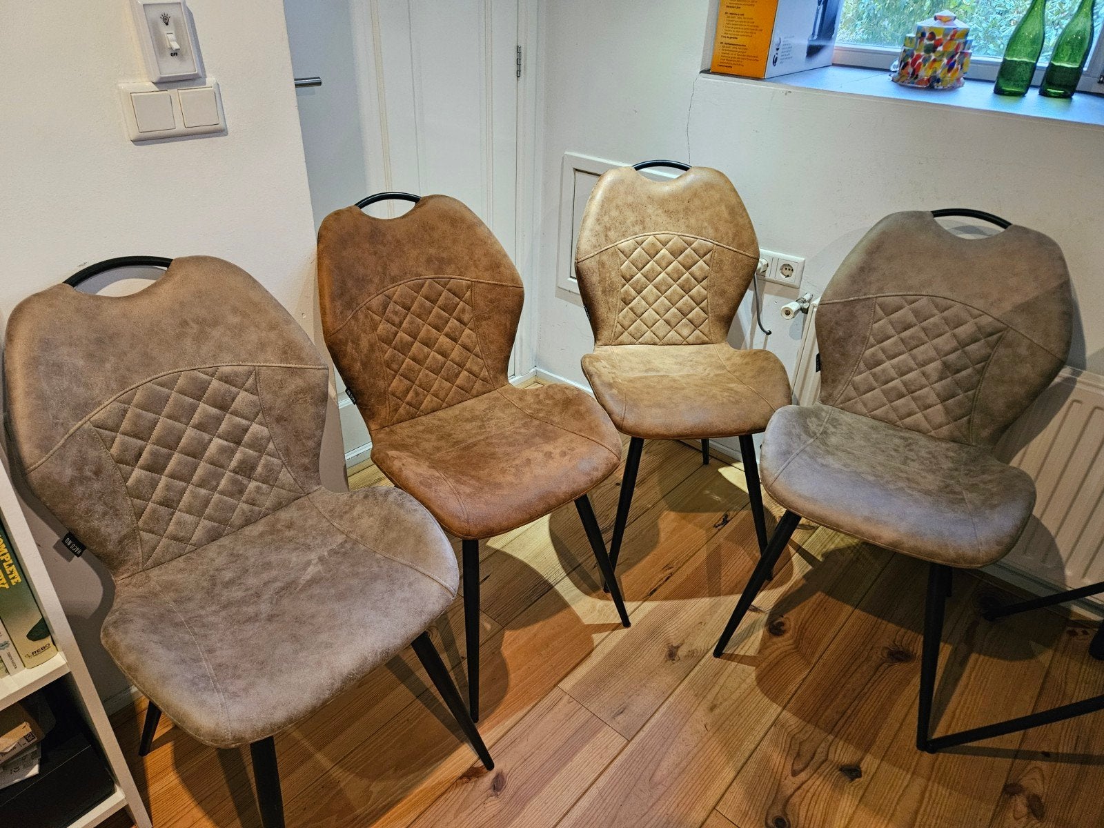Leuke set van 4 Haco eetkamerstoelen (grijs & bruin), Ophalen, Gebruikt, Bruin, Vier