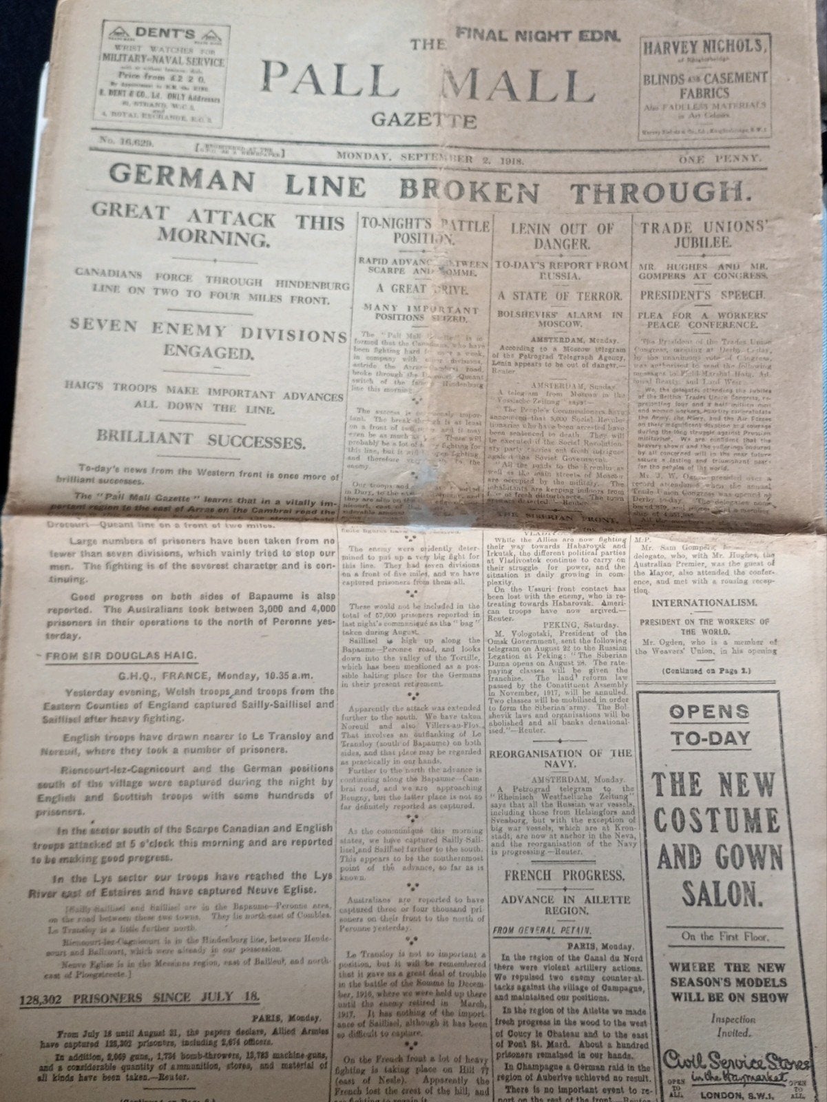 Originele Pall Mall Gazette - Eerste Wereldoorlog (1918), Verzamelen, ., Ophalen of Verzenden, ., Landmacht