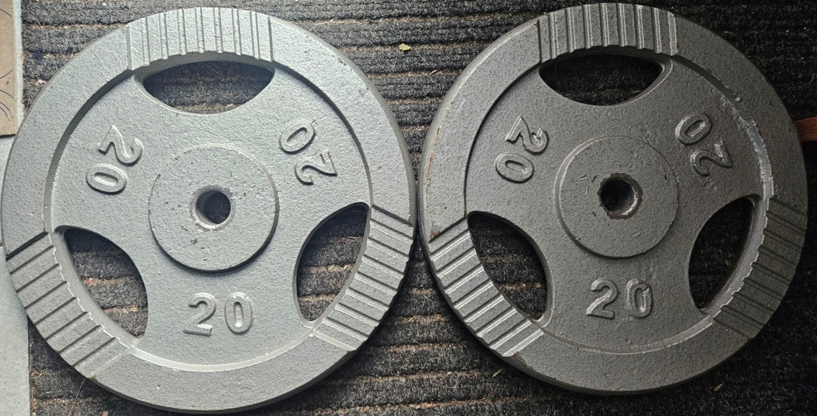 2x 20kg Grijze Gietijzeren Halterschijven 30mm met Handvaten, Sport en Fitness, Ophalen, Zo goed als nieuw, Benen, Halterschijven