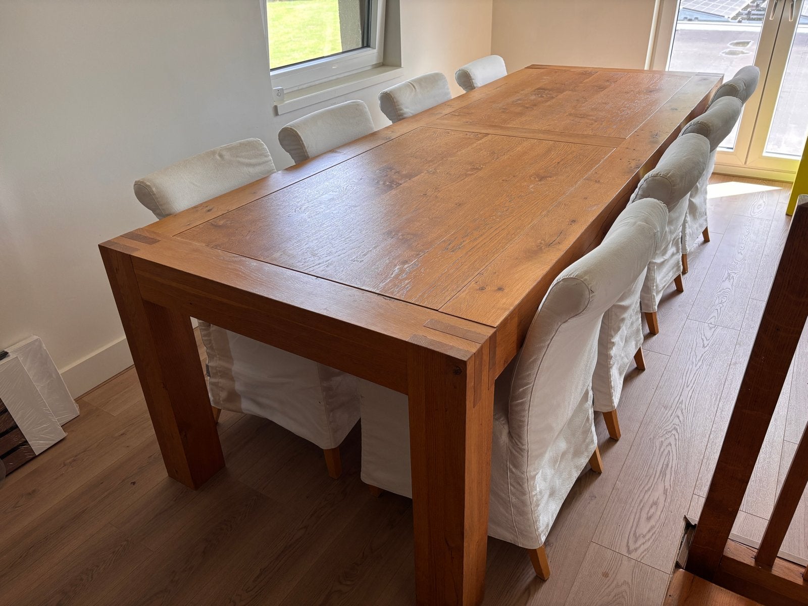 Linteloo Eiken Eettafel met 8 Stoelen en 4 Bijzettafels, Ophalen, Gebruikt, Eikenhout, 200 cm of meer
