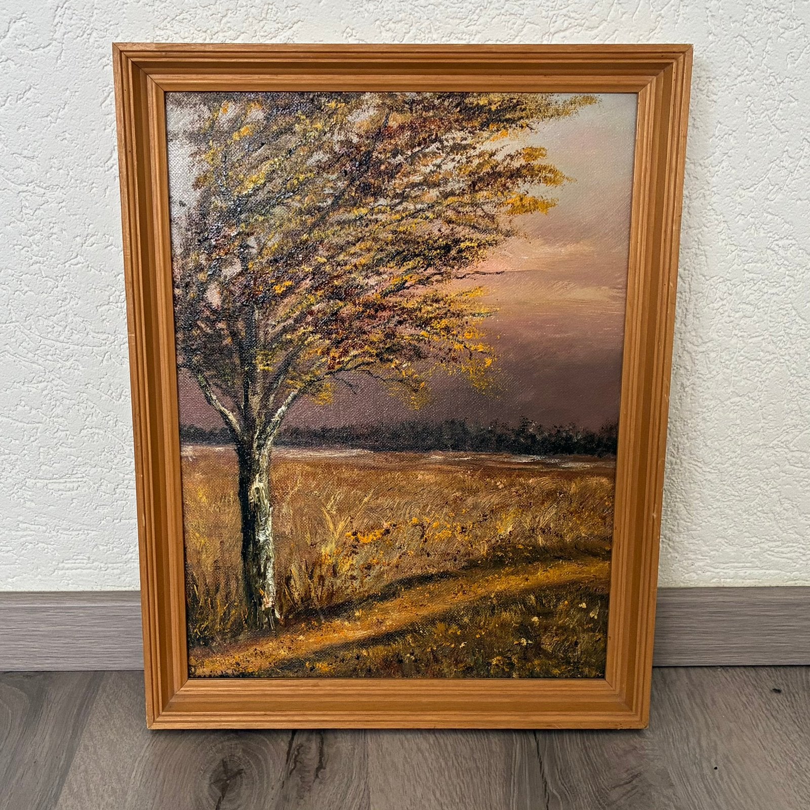Vintage Olieverfschilderij Herfstlandschap met Houten Lijst, Paneel, Ophalen of Verzenden, Landschap, Olieverf