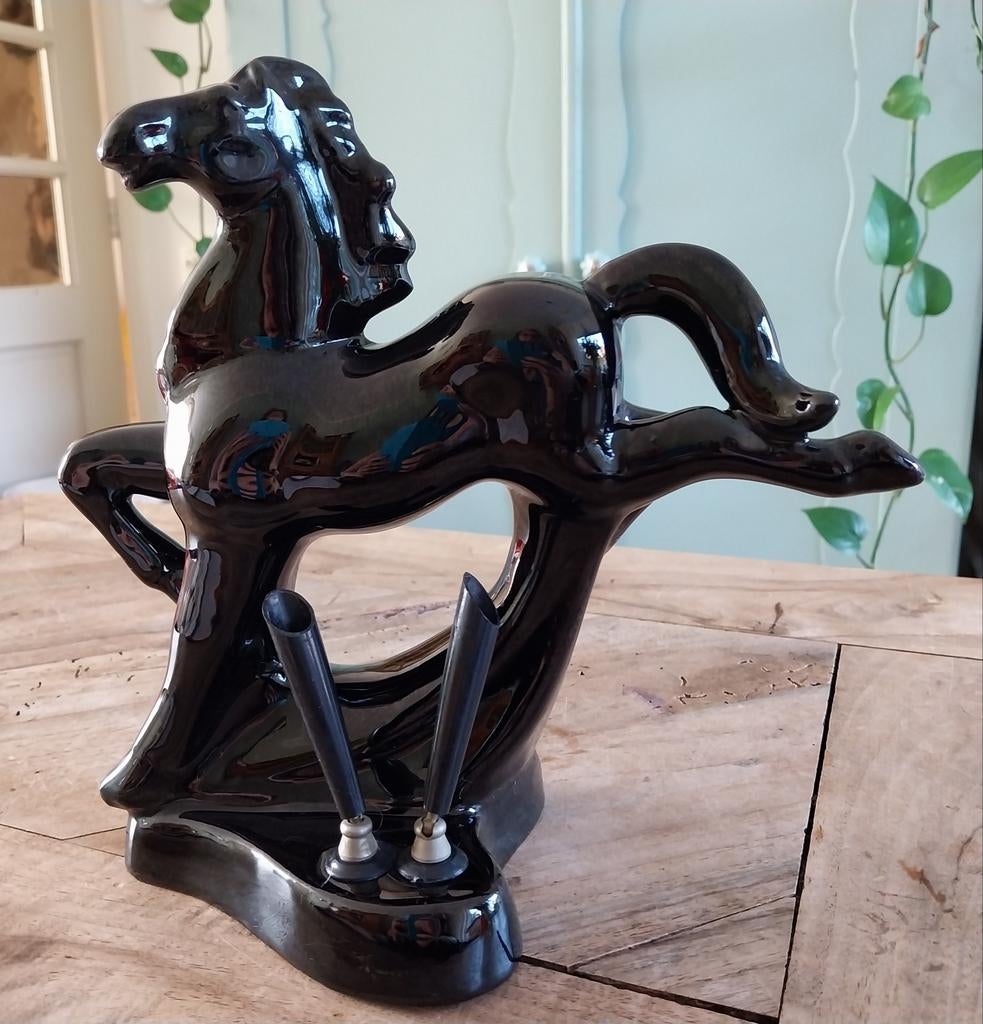 Vintage beeld paard zwart keramiek met pennenhouder gaaf!, Ophalen of Verzenden