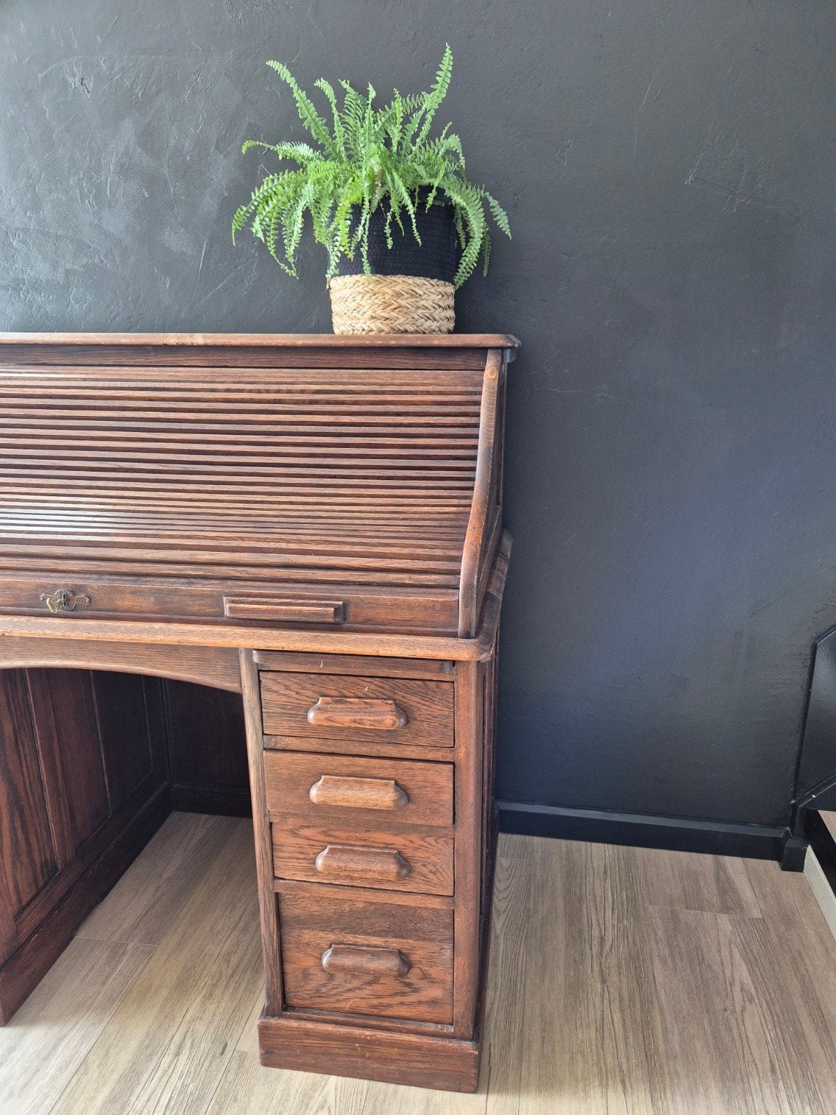 Antiek Eiken Roltop Bureau - Vintage Secretaire, Antiek en Kunst, Ophalen