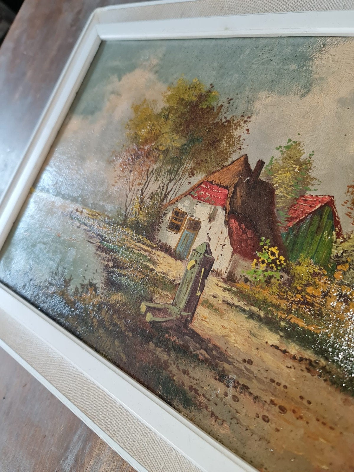 Klassiek schilderij boerderijlandschap gesigneerd v. Dorp, Antiek en Kunst, Ophalen of Verzenden