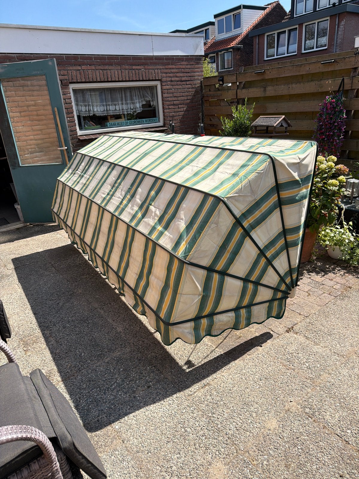 Gebruikte Markies - Groen/Geel gestreept binnen maat 267/100, Tuin en Terras, Zonneschermen, Gebruikt, Ophalen of Verzenden, 150 tot 300 cm