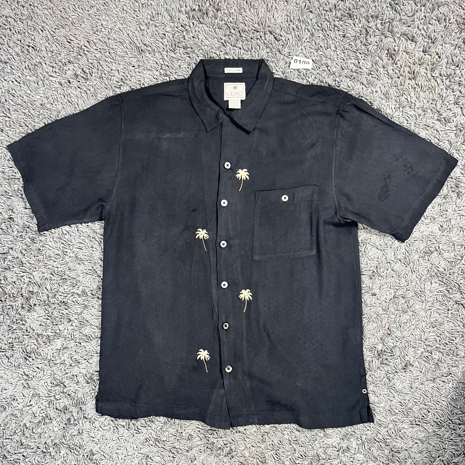 Luau Black Silk Short Sleeve Shirt M Palm Tree Embroidery, Ophalen of Verzenden, Zo goed als nieuw, Beige, Luau