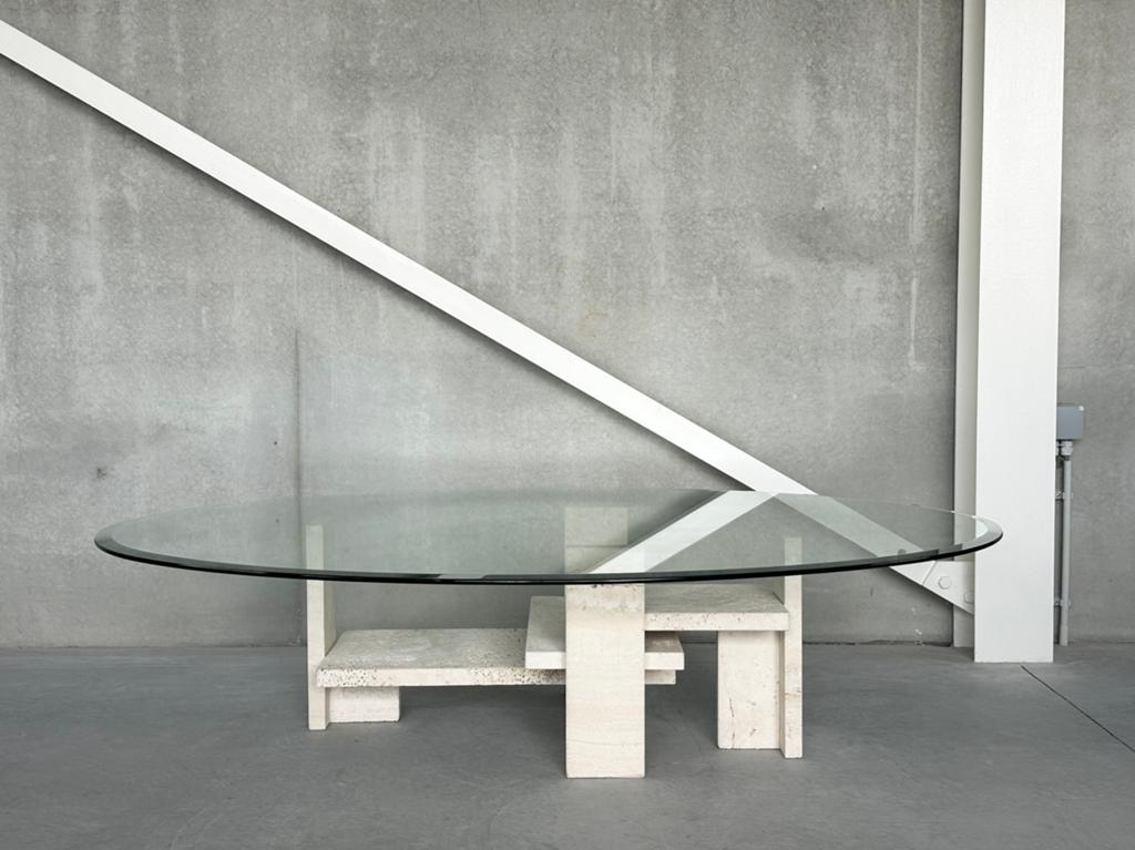Vintage travertine coffeetable by Willy Ballez, 100 tot 150 cm, Glas, Minder dan 50 cm, Rechthoekig